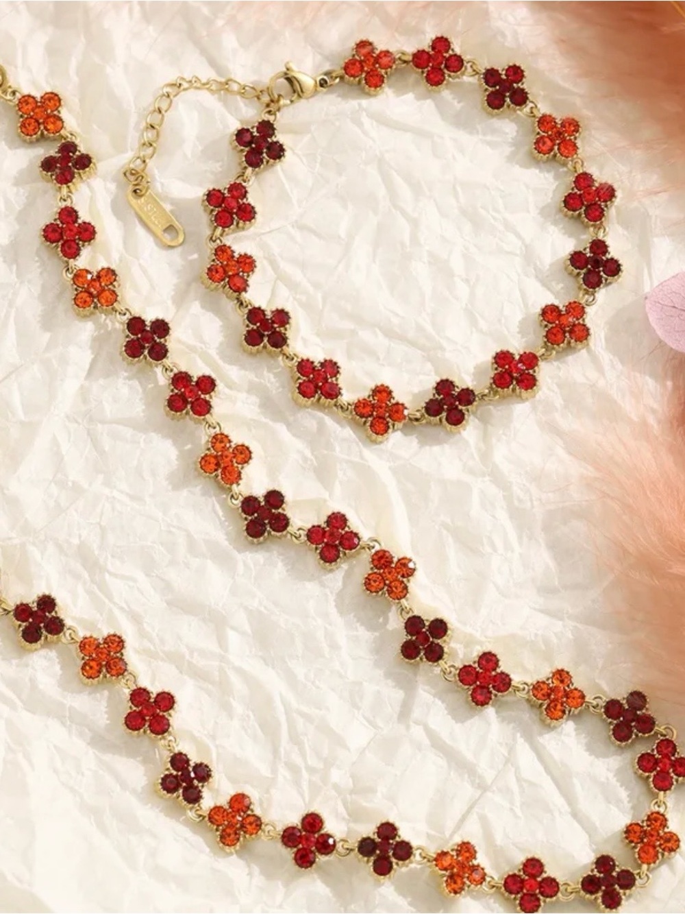 18K Gold Plated Floral Necklace and Bracelet Set in Reds & Oranges